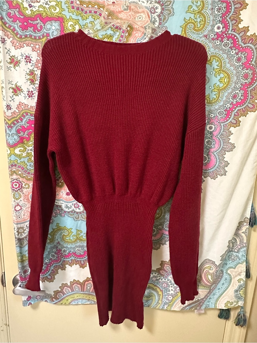 SHEIN Burgundy Ribbed Knit Long Sleeve Mini Dress